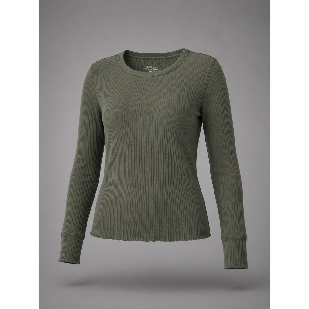🍁Aerie Womens Ribbed Long Sleeve Crewneck Top Olive Green XL 6147728743